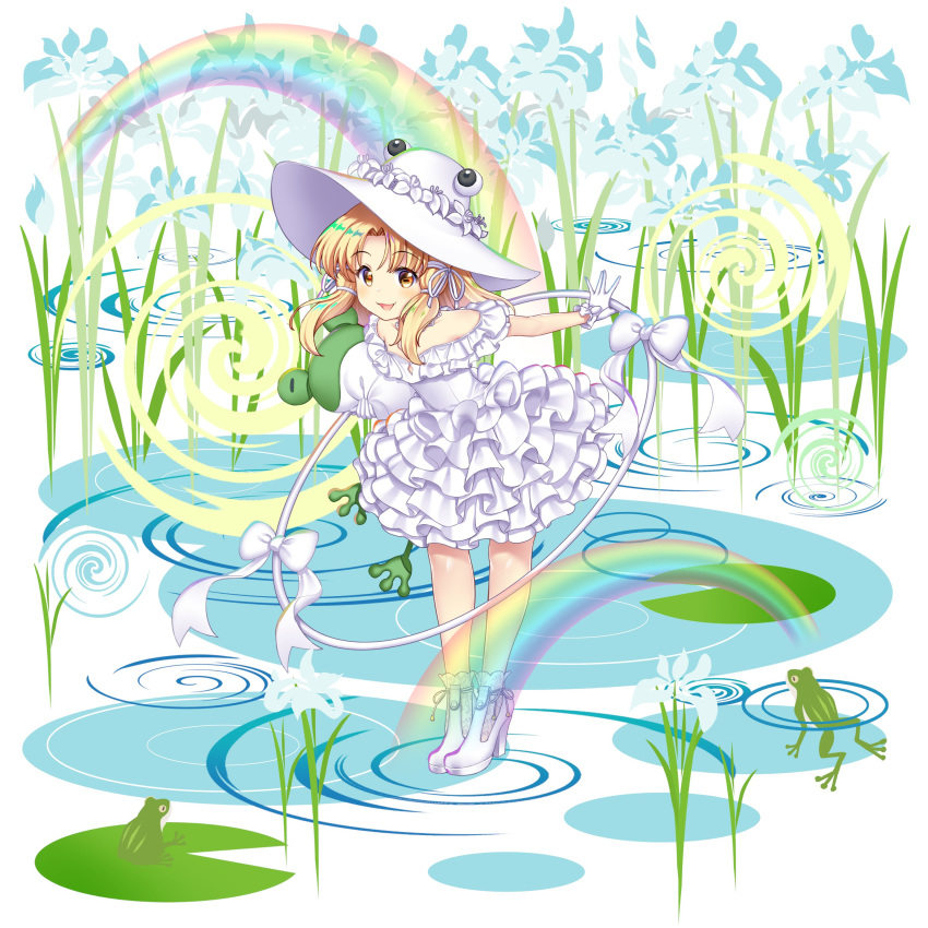 1girl :d absurdres alternate_costume blonde_hair bow commentary dress english_commentary frilled_dress frills frog full_body game_cg high_heels highres lily_pad looking_at_viewer medium_hair moriya_suwako moriya_suwako_(white_tree_frog_who_bestows_rain) open_mouth outdoors rainbow rotte_(1109) second-party_source sidelocks smile solo touhou touhou_lost_word wedding_dress white_bow white_dress white_footwear white_headwear yellow_eyes