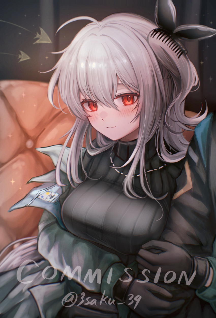 1girl 1other 3_(sanyako1) absurdres arknights arm_hug black_coat black_gloves black_sweater blush breasts closed_mouth coat couch doctor_(arknights) gloves hair_between_eyes hair_ornament hairclip highres indoors jacket jewelry large_breasts long_hair long_sleeves looking_at_viewer necklace red_eyes sitting skadi_(arknights) skadi_(the_next_afternoon_tea)_(arknights) smile sweater turtleneck turtleneck_sweater white_hair