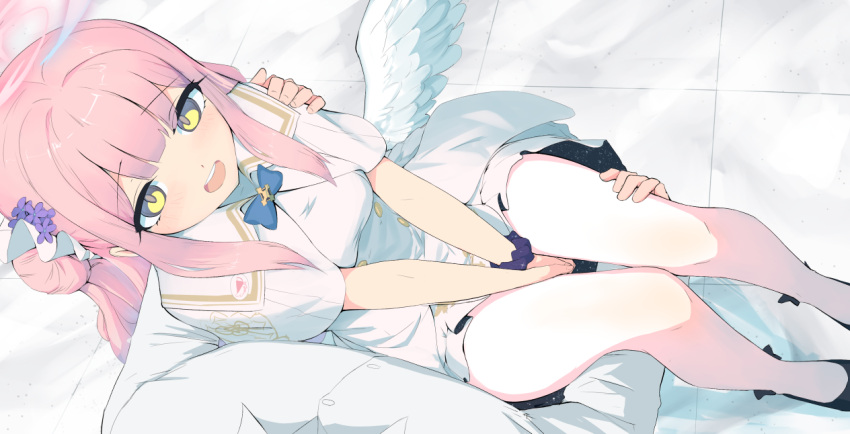 1girl between_legs black_footwear blue_archive blush carrying dress feathered_wings hair_bun halo hand_between_legs mika_(blue_archive) open_mouth pink_hair pov recklessdraw ribbon sensei_(blue_archive) shoes sidelocks single_side_bun teeth upper_teeth_only white_dress wings yellow_eyes