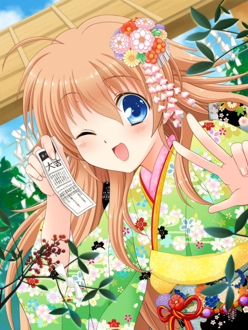 1girl :d ahoge angel_beats! blonde_hair blue_eyes blue_sky blush cherry_blossom_print commentary_request day dutch_angle fingernails floating_hair floral_print flower green_kimono hair_flower hair_ornament hand_up happy highres holding holding_paper ikeda_jun_(aquaqua) japanese_clothes kanzashi kimono long_hair looking_at_viewer new_year omikuji one_eye_closed open_mouth outdoors paper pink_flower red_flower second-party_source sekine_shiori sidelocks sky smile solo spiky_hair very_long_hair w yellow_flower yukata