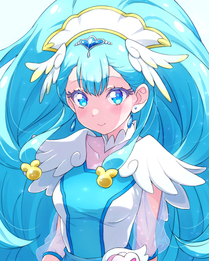 1girl blue_eyes blue_hair blush breasts collarbone cure_ange dress earrings hair_ornament hat head_wings heart_pouch highres hugtto!_precure jewelry kyoutsuugengo long_hair looking_at_viewer magical_girl nurse_cap precure see-through see-through_sleeves small_breasts smile solo thick_eyelashes very_long_hair wings wrist_cuffs yakushiji_saaya