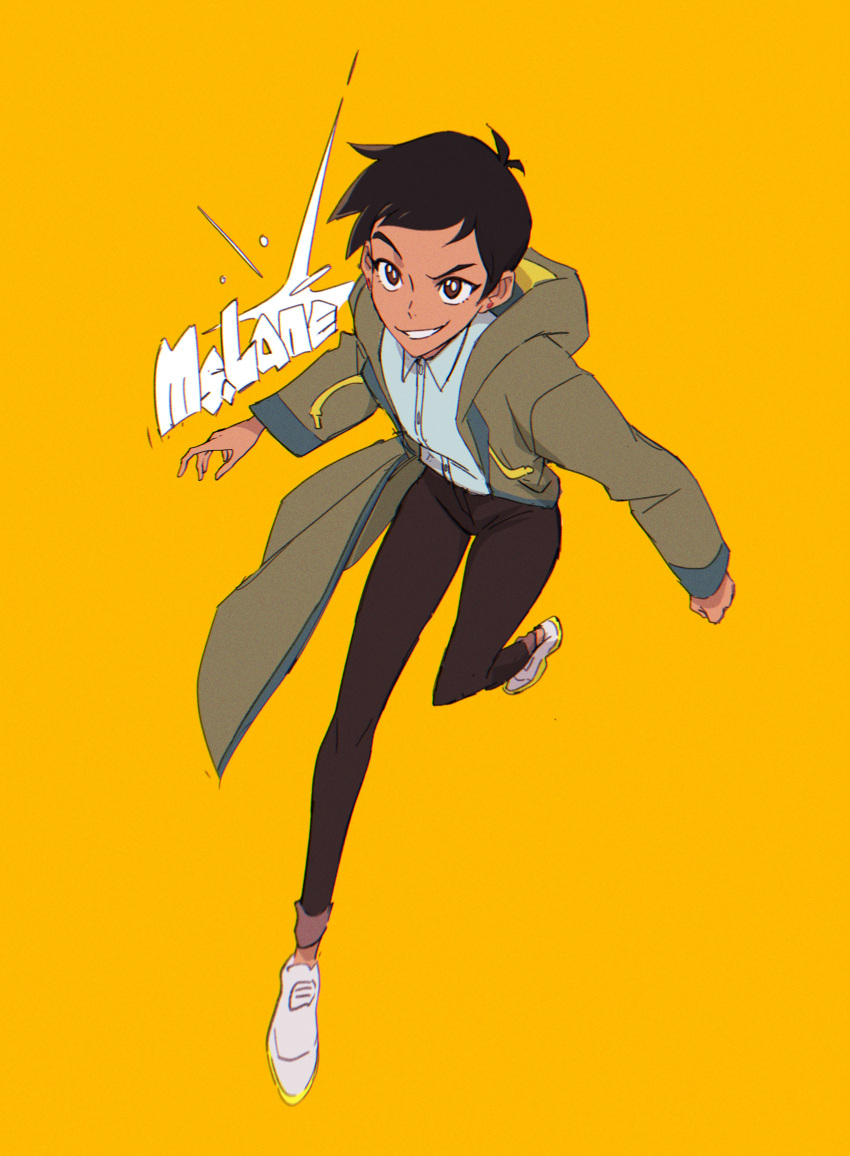 1girl absurdres alaylays black_hair character_name dark-skinned_female dark_skin dc_comics earrings english_text highres hood hooded_jacket jacket jewelry lois_lane my_adventures_with_superman shoes short_hair sneakers solo tomboy yellow_background
