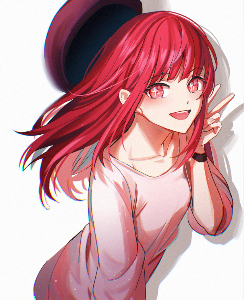 +_+ 1girl :d arima_kana beret black_headwear black_wristband breasts collarbone commentary_request cowboy_shot hand_up happy hat highres light_blush light_particles long_hair looking_at_viewer open_mouth oshi_no_ko partial_commentary pink_shirt red_eyes redhead rine_natsu shadow shirt sidelocks simple_background small_breasts smile solo star_(symbol) teeth upper_teeth_only v white_background wristband