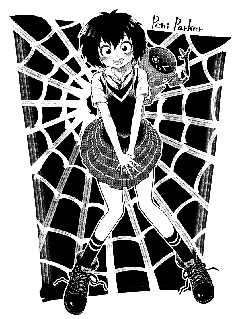 absurdres antenna_hair black_hair black_necktie black_socks black_sweater_vest blush border character_name commentary constricted_pupils covering covering_crotch dress_shirt embarrassed full_body hair_between_eyes halftone_texture highres knees_together_feet_apart looking_at_viewer lower_teeth_only marvel mecha monochrome nakachiruno necktie open_mouth outside_border own_hands_together peni_parker plaid plaid_skirt pleated_skirt robot shirt shoes short_hair short_sleeves silk skirt sneakers socks sp//dr spider-man:_into_the_spider-verse spider-man_(series) spider-verse spider_web spread_fingers standing sweater_vest teeth v_arms white_border white_shirt