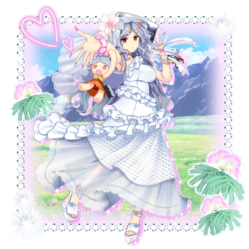 1girl absurdres alternate_costume blue_sky breasts bridal_veil cleaver clouds commentary doll dress english_commentary fingernails flower frilled_dress frills full_body game_cg heart highres large_breasts long_fingernails looking_at_viewer mountain nata_(tool) outdoors pink_flower pink_nails red_eyes rotte_(1109) sakata_nemuno sakata_nemuno_(white_classic_of_the_mountain) second-party_source single_strap sky solo touhou touhou_lost_word veil wedding_dress white_dress white_footwear