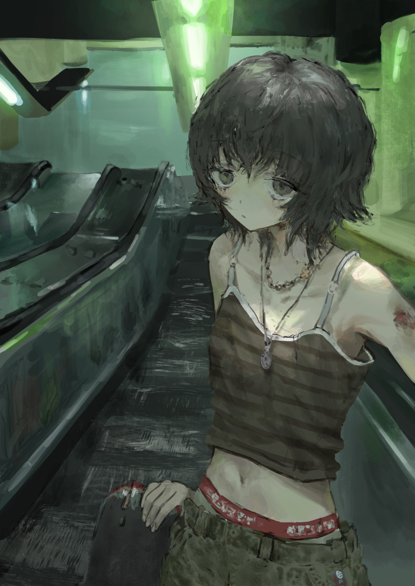 1girl absurdres benikusochan black_hair camisole escalator expressionless grey_eyes highres jewelry looking_at_viewer medium_hair midriff muted_color navel necklace original solo striped_camisole upper_body