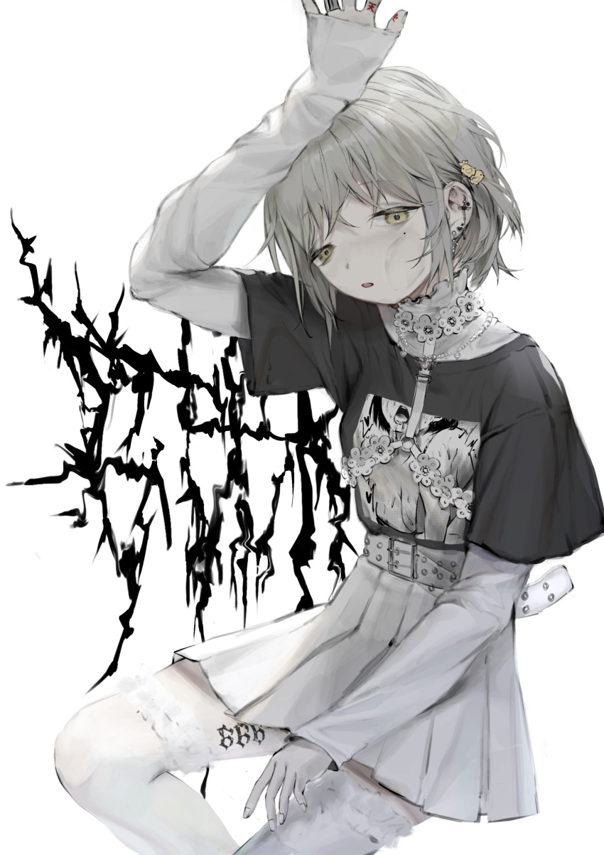 1girl 666 absurdres belt benikusochan black_shirt ear_piercing earrings harness highres jewelry layered_sleeves long_sleeves looking_at_viewer mole mole_under_eye muted_color original parted_lips piercing pleated_skirt print_shirt shirt short_over_long_sleeves short_sleeves skirt sleeves_past_wrists solo tattoo thigh-highs white_background white_belt white_skirt white_thighhighs yellow_eyes