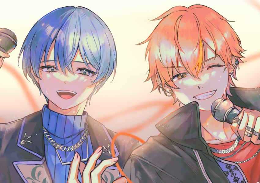 2boys aoyagi_touya blue_hair blue_sweater commentary_request dark_blue_hair ear_piercing earrings fingernails grey_eyes hand_up highres holding holding_microphone jewelry kinomi_3030 lapels looking_at_viewer male_focus microphone mole mole_under_eye multicolored_hair multiple_boys necklace notched_lapels one_eye_closed open_mouth orange_eyes orange_hair piercing project_sekai ring shinonome_akito short_hair split-color_hair streaked_hair sweat sweater teeth turtleneck turtleneck_sweater two-tone_hair underwear upper_teeth_only