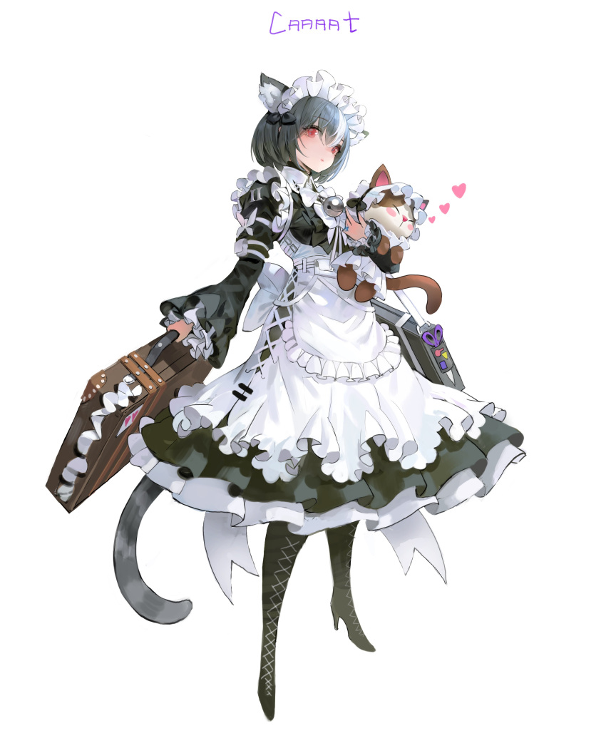 1girl absurdres animal animal_ears apron arowana2111 bag black_bow black_dress black_hair boots bow brown_footwear cat cat_ears cat_girl cat_tail closed_mouth dress hair_between_eyes hair_ornament heart high_heel_boots high_heels highres holding holding_animal holding_cat holding_luggage holding_suitcase jewelry light_blush light_smile long_sleeves looking_at_viewer maid maid_apron maid_headdress medium_hair necktie original red_eyes ring shoulder_bag simple_background smile solo standing suitcase tail white_background white_bow white_necktie