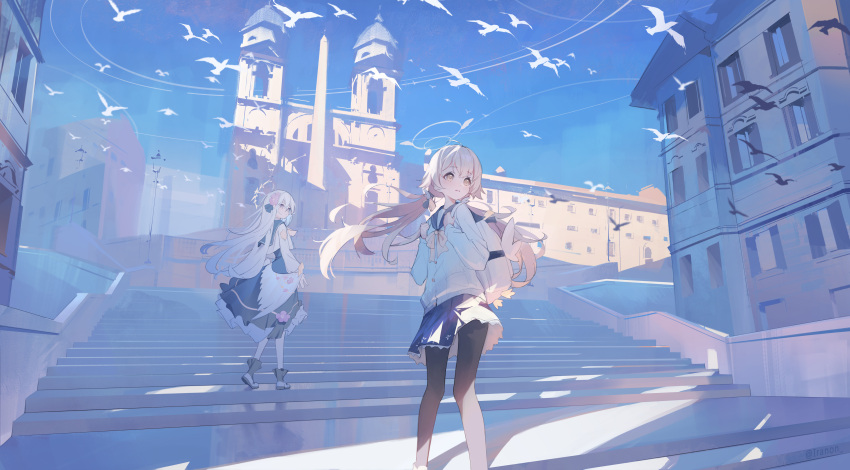2girls absurdres azusa_(blue_archive) backpack bag black_pantyhose blue_archive full_body grey_hair halo hifumi_(blue_archive) highres iranon_(new_iranon) light_brown_hair looking_to_the_side multiple_girls outdoors pantyhose school_uniform simple_bird stairs wide_shot