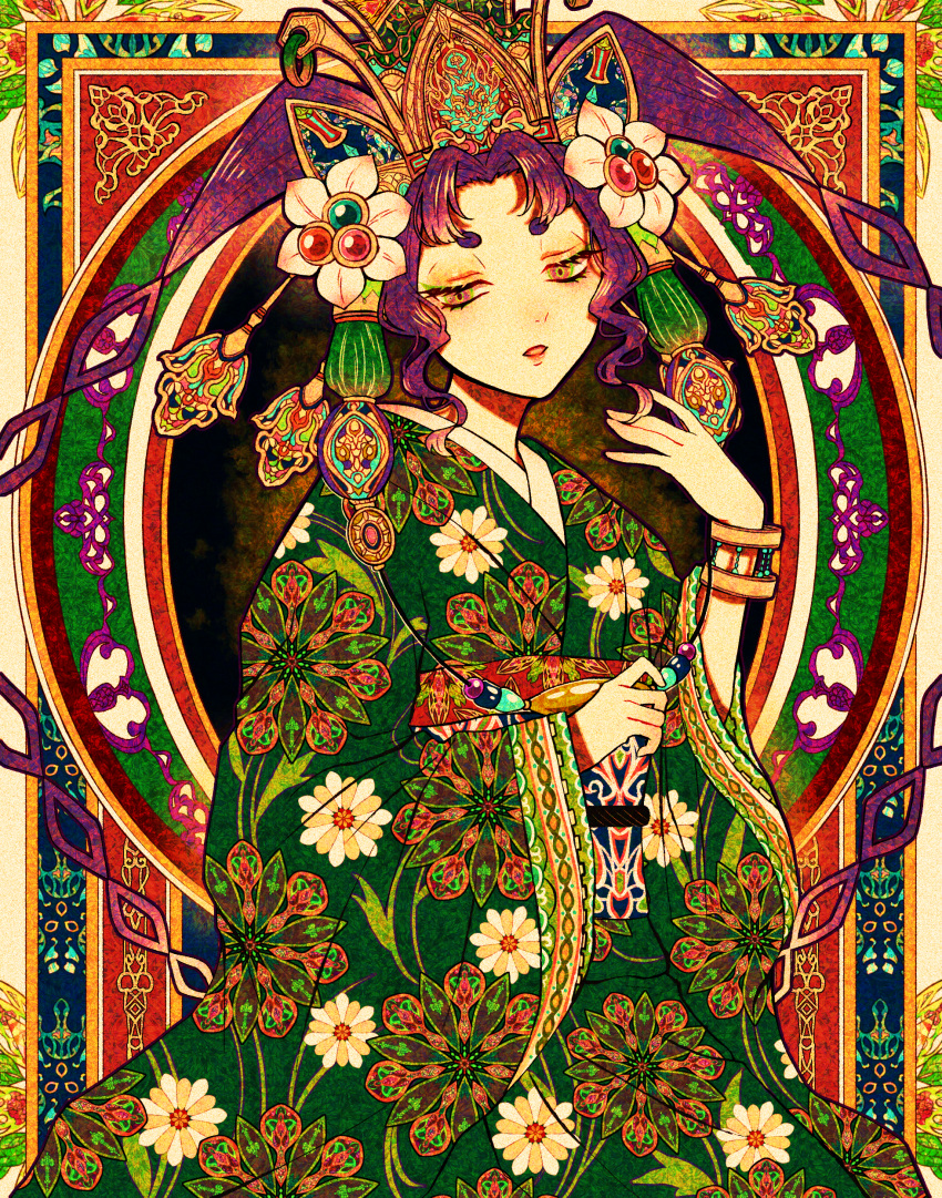 1girl absurdres akari_botan bracelet colorful floral_print flower half-closed_eyes hand_up hat highres japanese_clothes jewelry kimono long_sleeves original parted_lips print_kimono shadow solo white_flower wide_sleeves