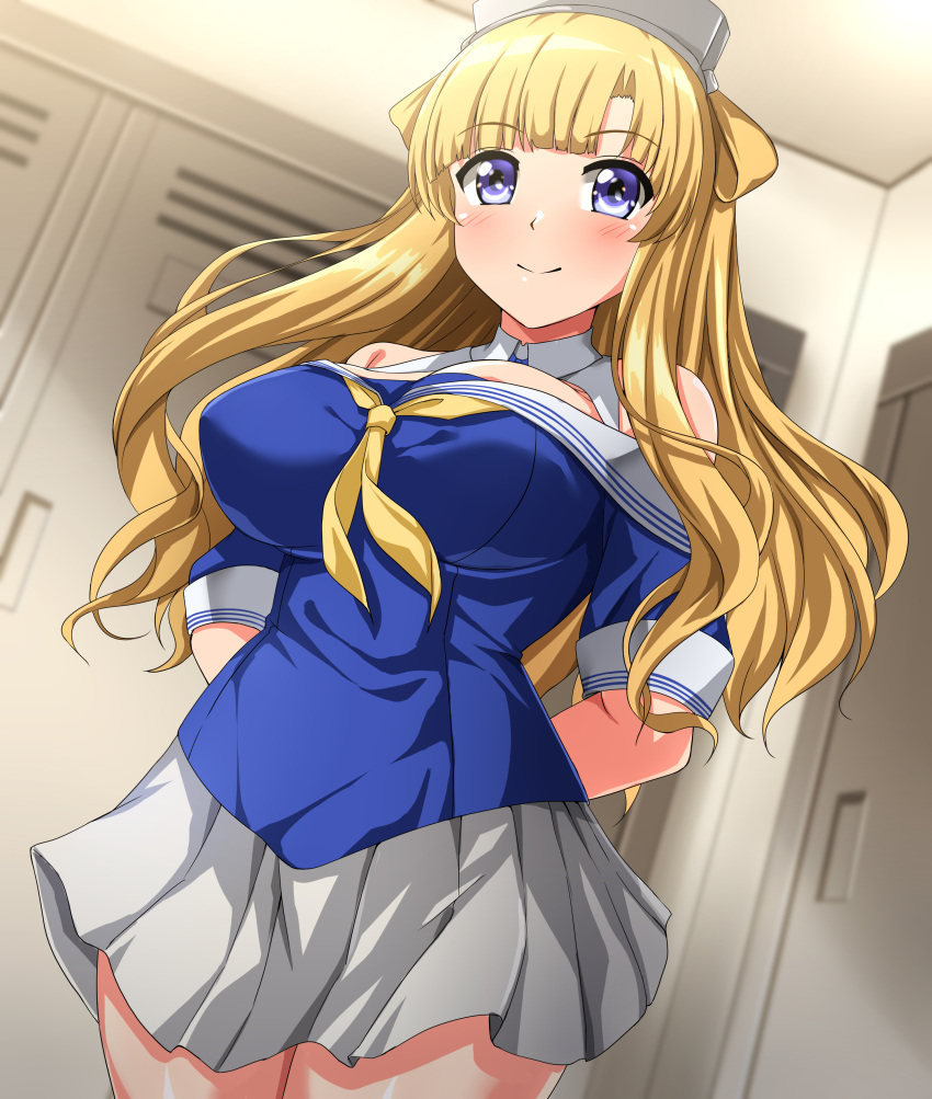 1girl absurdres adapted_costume arms_behind_back blonde_hair blue_shirt breasts commentary_request commission double_bun dutch_angle fletcher_(kancolle) hair_bun highres kantai_collection large_breasts locker locker_room long_hair neckerchief off_shoulder pixiv_commission pleated_skirt sailor_collar sailor_shirt school_uniform serafuku shirt skirt smile solo violet_eyes white_sailor_collar white_skirt yellow_neckerchief zanntetu