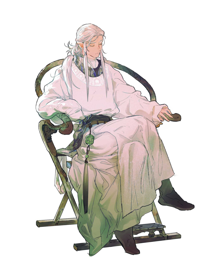 1boy arm_rest armchair beads black_footwear boots braid chair chinese_clothes closed_eyes closed_mouth crossed_legs earrings frown full_body gem green_gemstone hair_over_shoulder hair_tubes highres jewelry layered_clothes lingcod_dayu long_hair long_sleeves male_focus original pants parted_hair pointy_ears robe sash sidelocks simple_background sleeves_past_fingers sleeves_past_wrists solo stairs tassel white_background white_pants white_robe wooden_chair yaopei