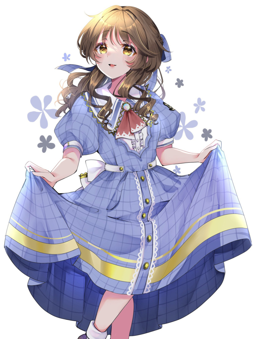 1girl ascot blue_dress blush brown_hair collared_dress dress highres idolmaster idolmaster_cinderella_girls looking_to_the_side puffy_short_sleeves puffy_sleeves red_ascot short_sleeves simple_background skirt_hold smile solo takamori_aiko wavy_hair yuanagae