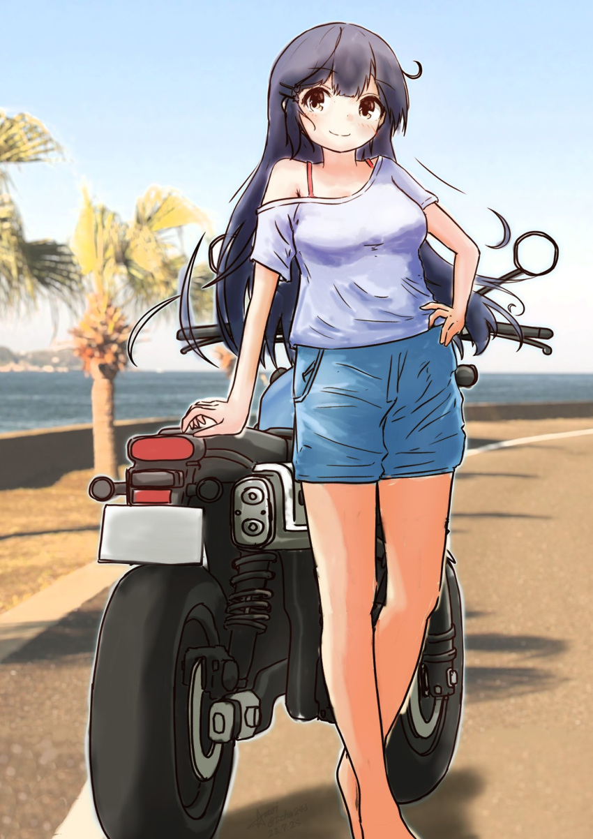 1girl aaoi ahoge alternate_costume black_hair blue_shorts blue_sky brown_eyes clouds day denim denim_shorts feet_out_of_frame hand_on_own_hip highres kantai_collection long_hair looking_at_viewer motor_vehicle motorcycle outdoors photo_background shirt shorts sky smile solo standing ushio_(kancolle) white_shirt