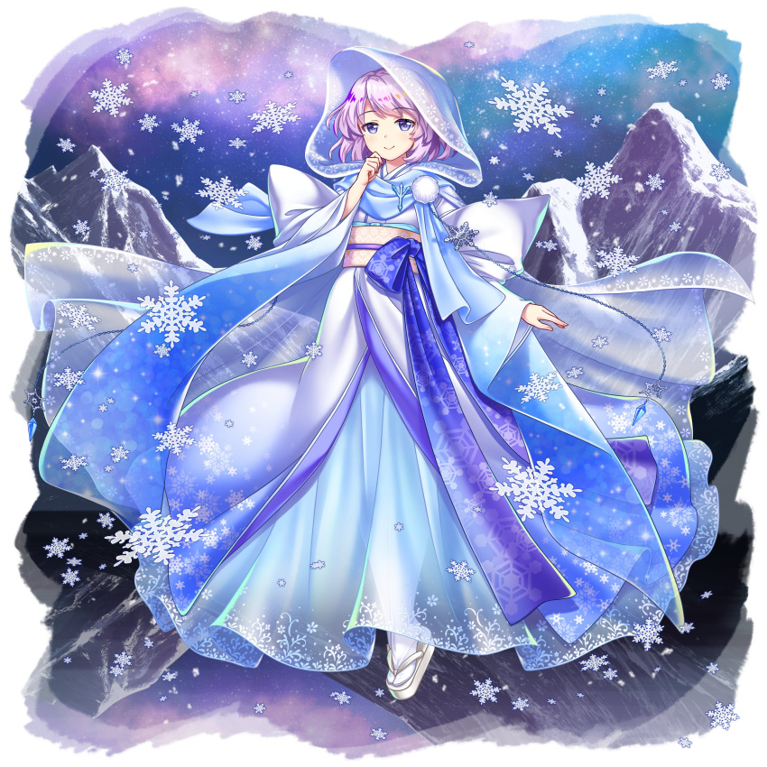 1girl absurdres blue_skirt closed_mouth commentary english_commentary full_body game_cg highres hood japanese_clothes kimono lapel_pin letty_whiterock letty_whiterock_(white_snow_glistening_in_winter) long_sleeves looking_at_viewer mountain outdoors purple_hair rotte_(1109) sash second-party_source skirt smile snowflakes solo touhou touhou_lost_word violet_eyes white_footwear white_kimono wide_sleeves