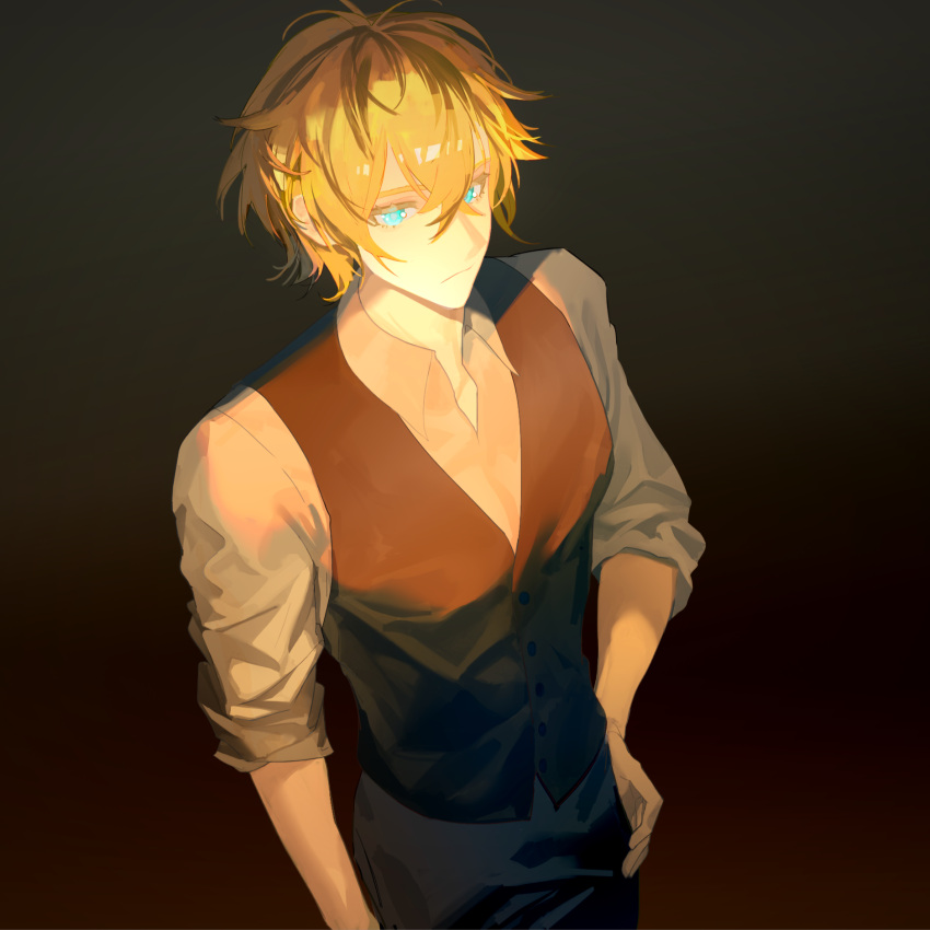 1boy black_background blonde_hair blue_eyes brown_vest circle_of_inevitability dark hand_on_own_hip highres looking_at_viewer lumian_lee shirt simple_background solo tangpiaogener vest white_shirt