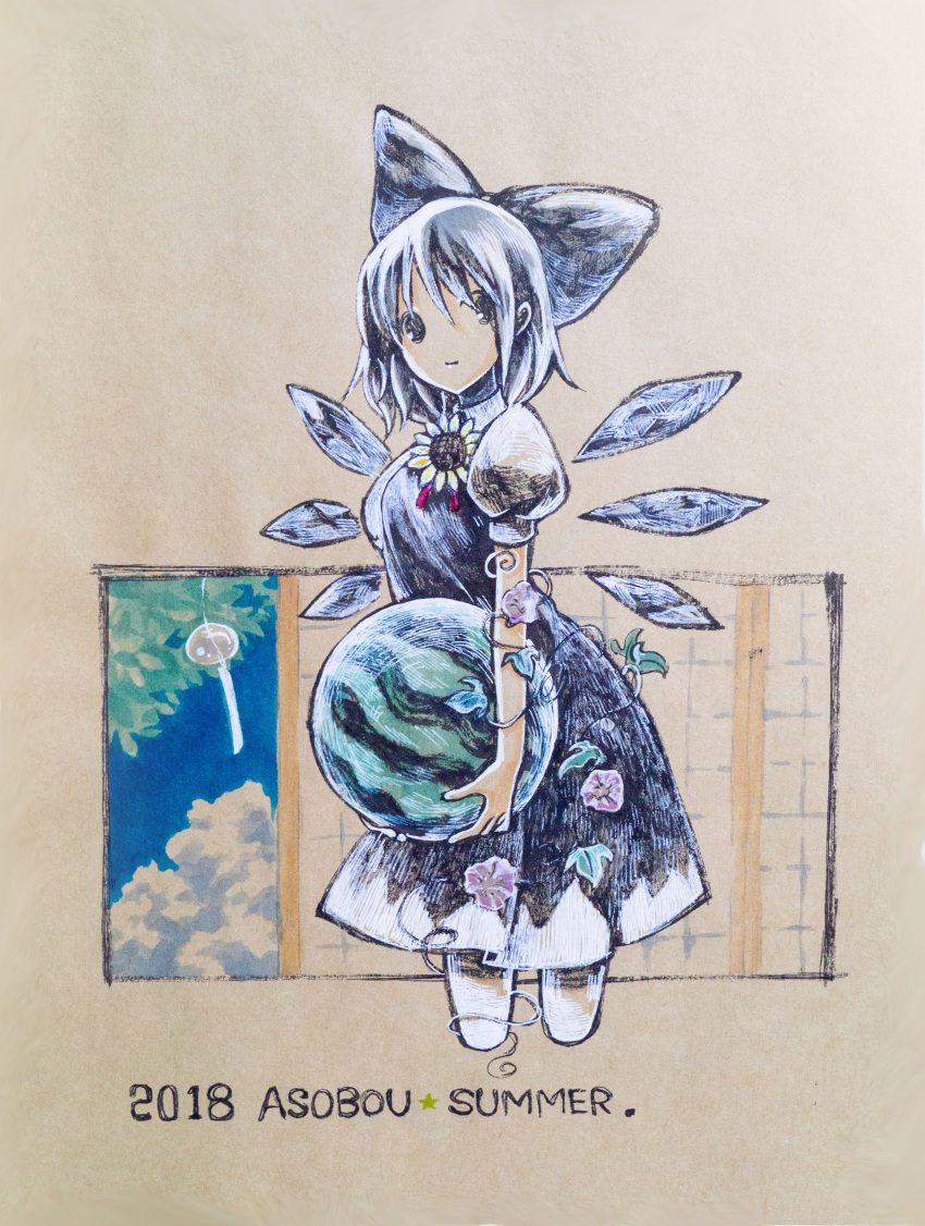 1girl absurdres badge blue_eyes blue_hair blue_sky cirno clouds cloudy_sky english_text food fruit hair_ribbon highres holding holding_food ikeda_ruriko leaf looking_at_viewer medium_hair painting_(medium) plant ribbon sky sliding_doors solo touhou traditional_media vines watermelon white_background