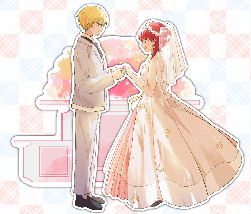 1boy 1girl akirarec arima_kana bare_shoulders black_footwear black_necktie blonde_hair blue_eyes bridal_veil bride checkered_background closed_mouth commentary_request dress earrings flower from_side full_body gloves hair_flower hair_ornament highres hoshino_aquamarine husband_and_wife jacket jewelry long_sleeves looking_at_another medium_hair necktie off-shoulder_dress off_shoulder open_mouth oshi_no_ko profile red_eyes redhead ring short_hair smile standing veil wedding_dress wedding_ring white_dress white_gloves white_jacket