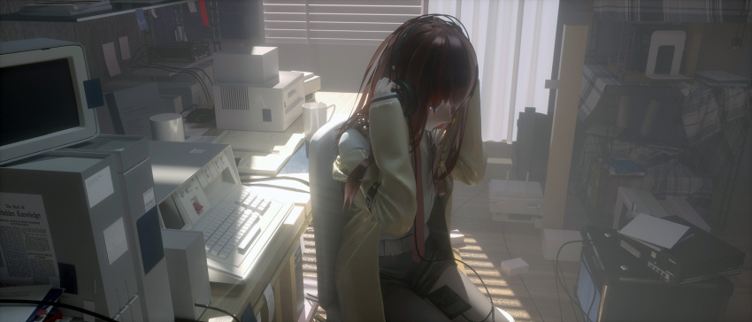 1girl adjusting_headphones belt black_pantyhose black_shorts blinds bookend bookshelf box breasts cable chair chinese_commentary coffee_mug commentary computer computer_tower cup curtains dark_red_hair desk digital_media_player dress_shirt english_text facing_down hair_strand haze headphones highres keyboard_(computer) lab_coat laboratory long_hair long_sleeves looking_down makise_kurisu monitor mug necktie office_chair pantyhose pantyhose_under_shorts red_necktie redhead shadow shelf shirt short_shorts shorts sitting small_breasts solo steins;gate sticky_note swivel_chair white_belt white_shirt window zinnia_(brchx123)