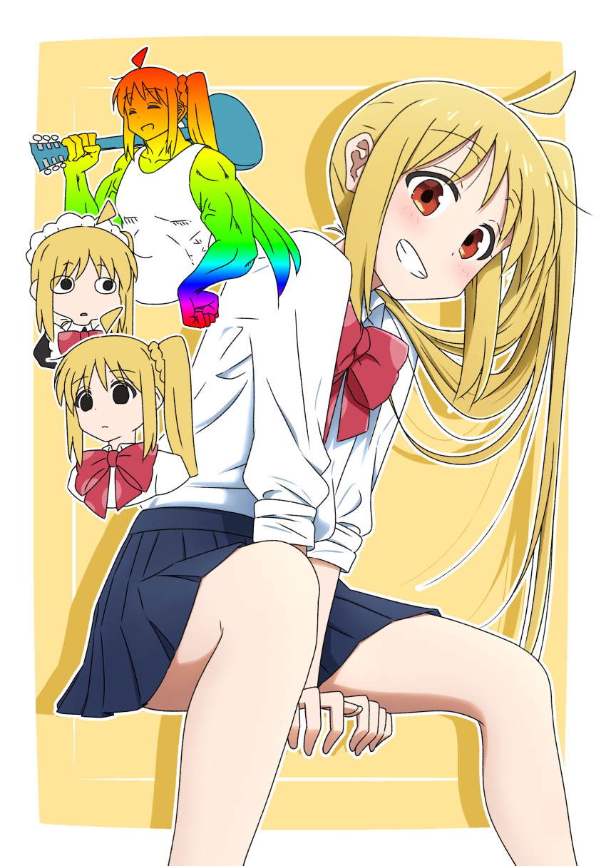 1girl absurdres ahoge alternate_costume apron blonde_hair blue_skirt blush bocchi_the_rock! bow bowtie closed_eyes collared_shirt commentary_request detached_ahoge electric_guitar enmaided expressionless grin guitar hand_on_own_hip highres ijichi_nijika instrument long_hair looking_at_viewer maid maid_apron maid_headdress multiple_views oekaki_bibbi paneled_background pleated_skirt rainbow_gradient red_bow red_bowtie red_eyes school_uniform shimokitazawa_high_school_uniform shirt side_ponytail sidelocks sitting skirt sleeves_rolled_up smile tank_top veins veiny_arms white_shirt white_tank_top wing_collar yellow_background