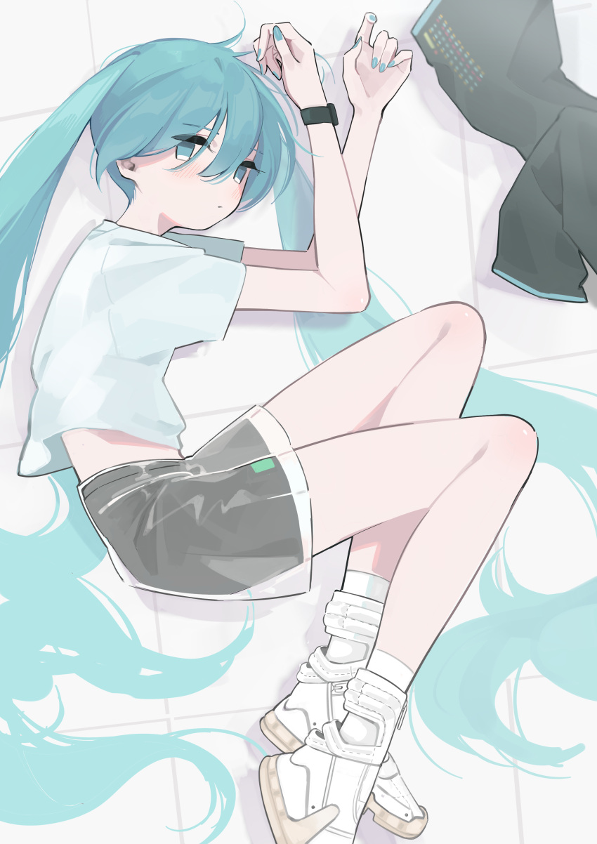 1girl absurdres aqua_eyes aqua_hair aqua_nails black_shorts closed_mouth commentary detached_sleeves_removed expressionless full_body hatsune_miku highres long_hair looking_at_viewer lying myomuron on_side shirt short_sleeves shorts socks solo t-shirt twintails very_long_hair vocaloid watch watch white_footwear white_socks