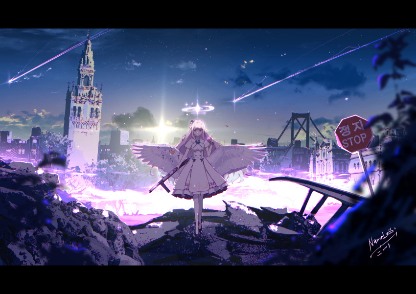 1girl absurdres angel_wings artist_name blue_archive blue_hair blue_ribbon bridge buttons capelet cityscape closed_mouth clouds double-breasted dress empty_eyes english_commentary evening false_smile feathered_wings full_body gradient_hair gun hair_bun hair_ornament hair_scrunchie halo high_heels highres holding holding_gun holding_weapon letterboxed long_hair looking_at_viewer mika_(blue_archive) multicolored_hair nameless_neet neck_ribbon night night_sky pantyhose pink_hair ribbon road_sign ruins scenery scrunchie shooting_star sign signature single_side_bun sky sleeveless sleeveless_dress smile solo standing star_(sky) stop_sign straight-on sunset tower very_long_hair weapon white_capelet white_dress white_pantyhose white_wings wing_decorations wings wrist_scrunchie yellow_eyes