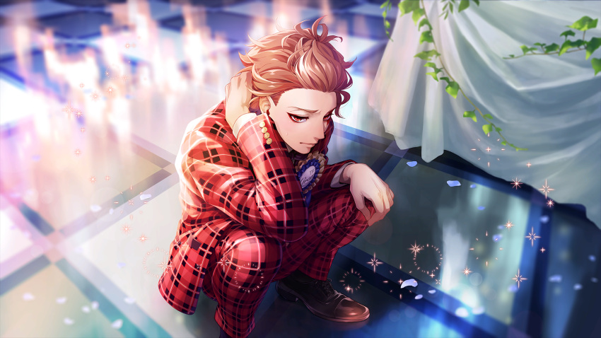 1boy ace_trappola brown_footwear game_cg highres indoors jacket looking_at_viewer medium_hair official_alternate_costume official_art orange_hair pants plaid plaid_jacket plaid_pants red_eyes red_jacket red_pants shoes slav_squatting solo squatting twisted_wonderland