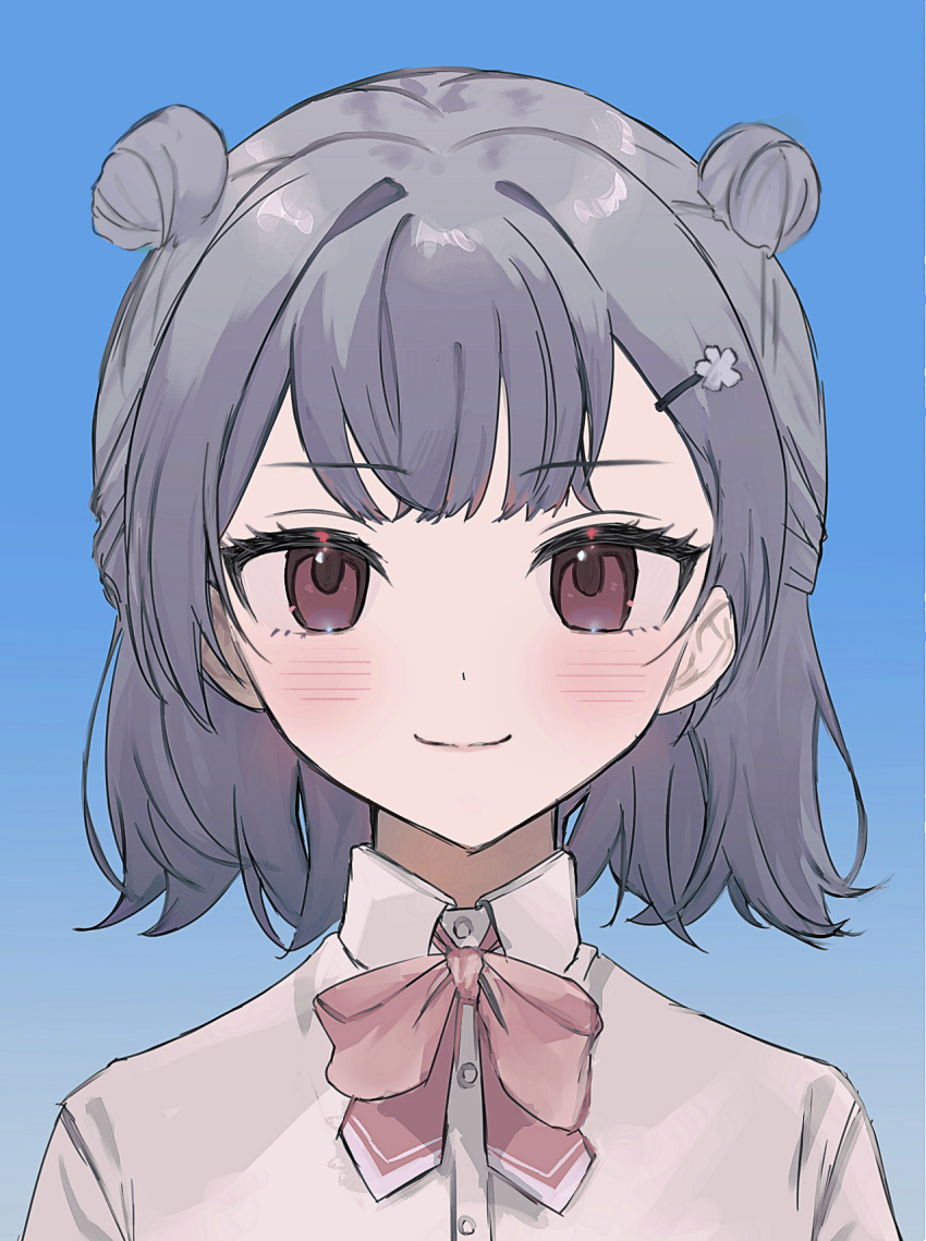 1girl aochiyo blue_background blush bow bowtie cevio closed_mouth collared_shirt commentary_request double_bun dress_shirt gradient_background grey_hair hair_bun hair_intakes hair_ornament hairclip half_updo highres id_photo koharu_rikka looking_at_viewer medium_hair pink_bow pink_bowtie portrait shirt simple_background smile solo straight-on synthesizer_v violet_eyes white_shirt