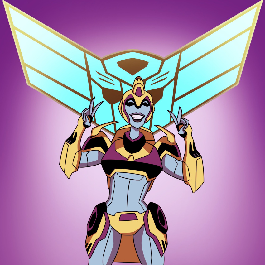1girl autobot black_lips blue_skin breasts closed_eyes colored_skin elita_one highres humanoid_robot knighttimeart medium_breasts panties robot science_fiction smile solo transformers transformers_animated underwear v yellow_panties