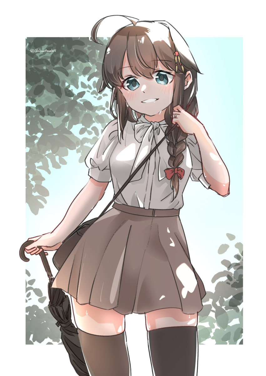 1girl ahoge alternate_costume black_thighhighs blue_eyes braid brown_hair commentary_request dappled_sunlight grey_skirt hair_flaps hair_over_shoulder highres kantai_collection long_hair no_chi_(aka_hara) parted_lips planted planted_umbrella pleated_skirt shigure_(kancolle) shirt single_braid skirt smile solo sunlight thigh-highs umbrella white_shirt