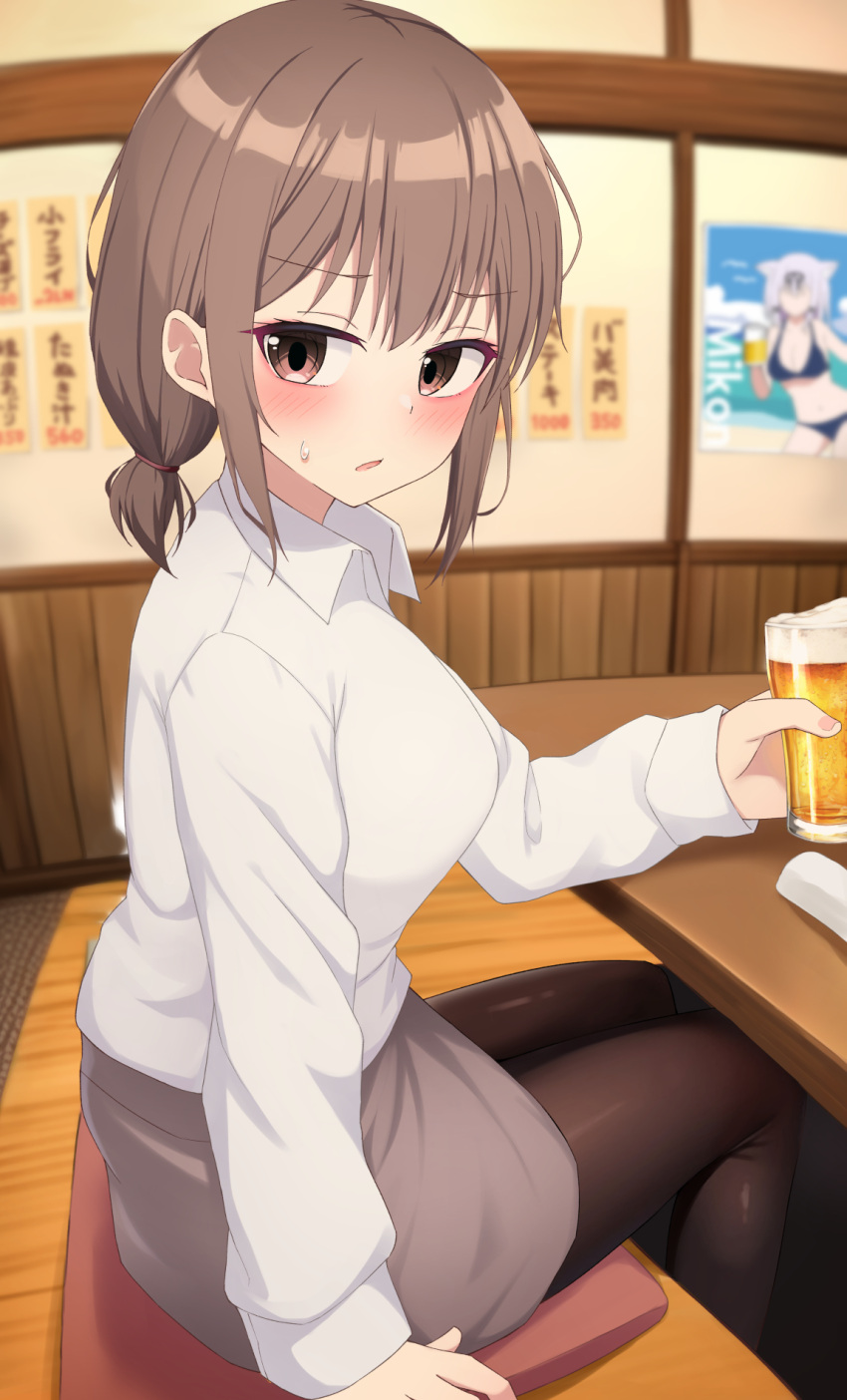 1girl alcohol arm_support beer bench black_pantyhose blush brown_eyes brown_hair collared_shirt commentary_request cup dress_shirt eniraka glass grey_skirt highres holding holding_cup indoors long_sleeves looking_at_viewer office_lady open_mouth original pantyhose poster_(object) shirt short_hair sidelocks sitting skirt table white_shirt wooden_floor