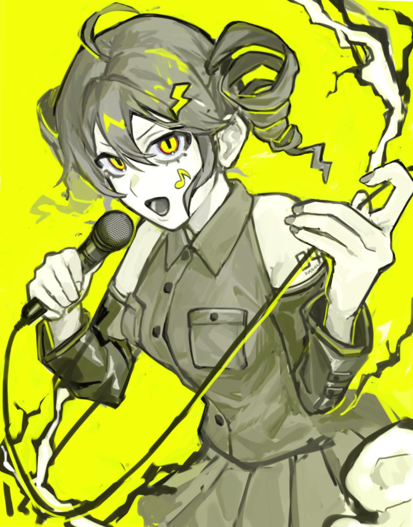 1girl breast_pocket cable collared_shirt commentary_request cowboy_shot detached_sleeves drill_hair electricity floating_hair greyscale_with_colored_background hair_ornament hands_up highres holding holding_cable holding_microphone inazuma_(utau) kasane_teto lightning_bolt_hair_ornament lightning_bolt_symbol looking_at_viewer microphone music nail_polish nou_1182 number_tattoo open_mouth pleated_skirt pocket rectangular_pupils sanpaku shirt short_hair shoulder_tattoo simple_background singing skirt sleeveless sleeveless_shirt smile solo spot_color tattoo twin_drills utau v-shaped_eyebrows yellow_background yellow_eyes