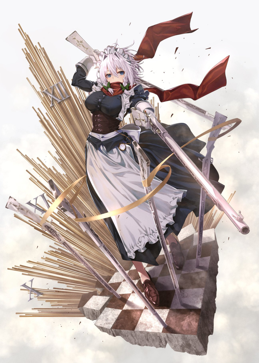 1girl aiming aiming_at_viewer apron bow braid breasts checkered_floor covered_mouth greenkohgen gun hair_bow highres izayoi_sakuya large_breasts loafers long_sleeves looking_at_viewer maid maid_headdress perfect_cherry_blossom pocket_watch rifle roman_numeral scarf shoes simple_background solo touhou waist_apron watch weapon white_background white_hair