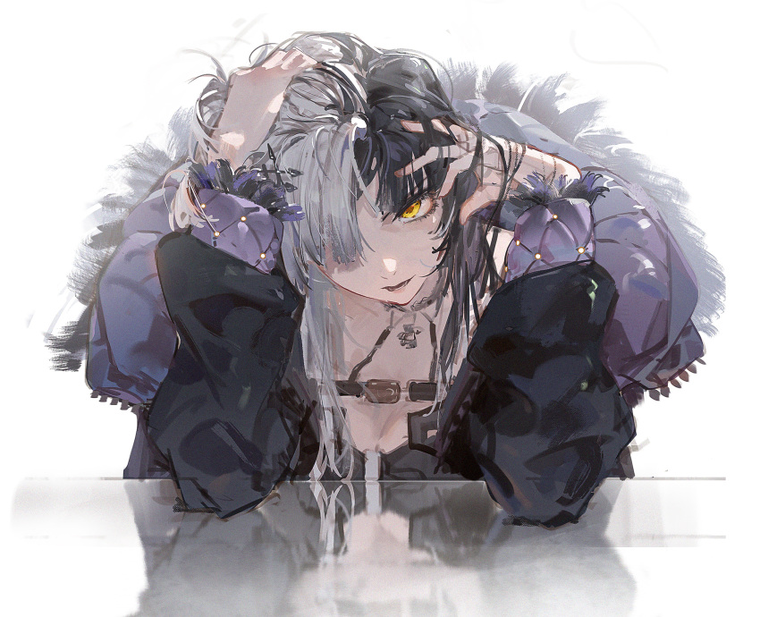 1girl black_hair coat dino_(dinoartforame) fur_trim grey_hair hair_over_one_eye hand_to_head highres hololive hololive_english looking_at_viewer multicolored_hair parted_lips shiori_novella simple_background solo two-tone_hair upper_body virtual_youtuber white_background yellow_eyes