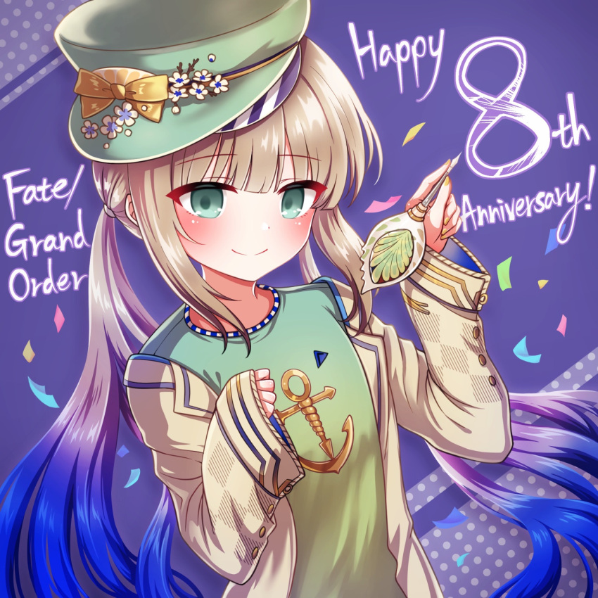 1boy alternate_color_hat alternate_costume anchor_symbol blonde_hair blue_background captain_nemo_(fate) english_text fate/grand_order fate_(series) flower flower_in_hat green_eyes green_headwear green_shirt happy_anniversary hat hat_flower highres jacket light_blush male_focus nemo_(fate) open_clothes open_jacket shell shell_ocean shirt sleeves_past_wrists smile solo very_long_sleeves