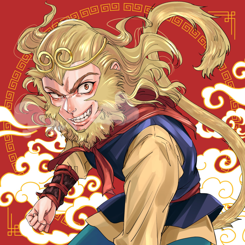 1boy absurdres blonde_hair chinese_border chinese_clothes circlet clenched_hand facial_hair fangs flying_nimbus heavy_breathing highres journey_to_the_west long_hair long_sleeves meguzm red_background red_eyes sideburns smirk solo sun_wukong tail teeth