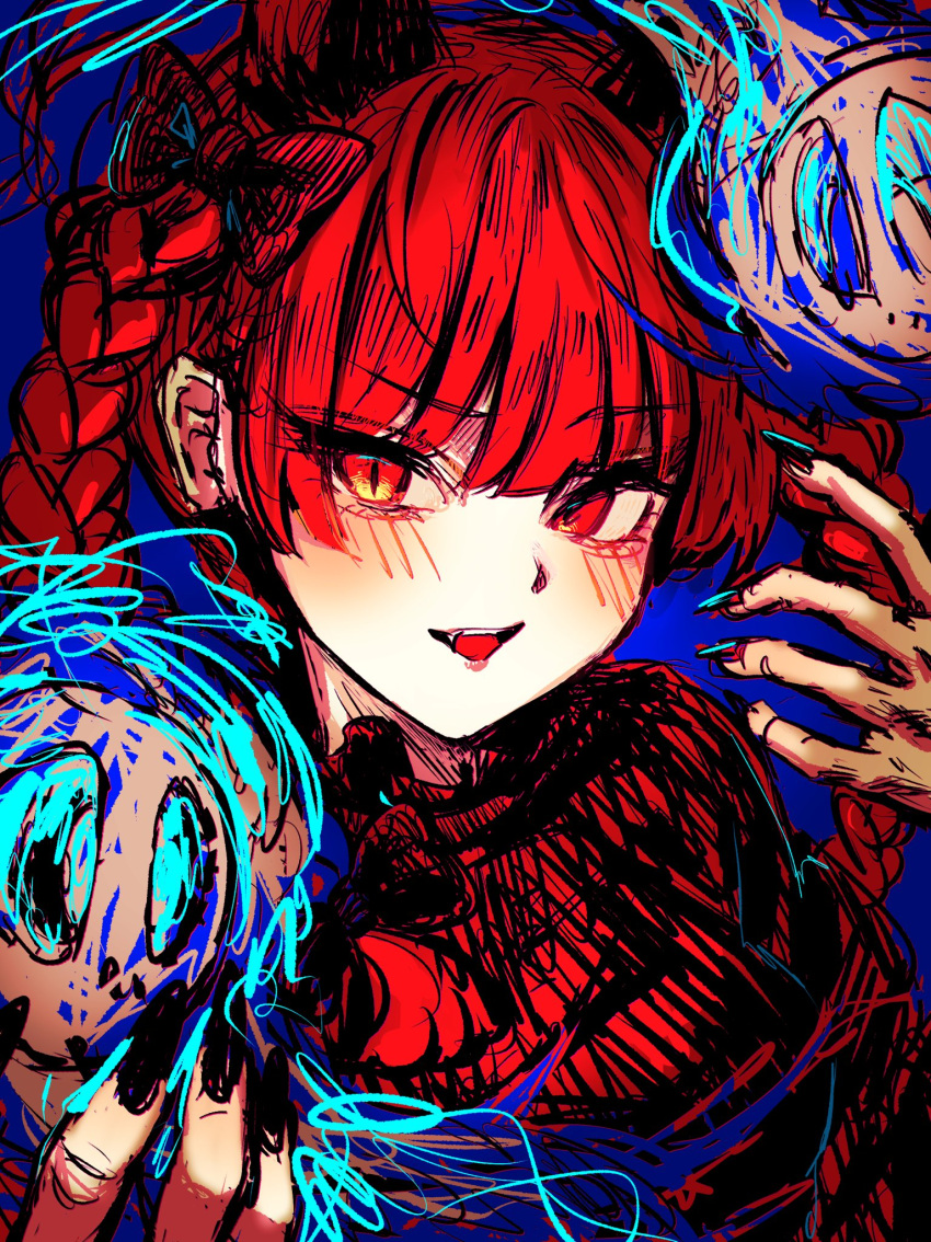 1girl animal_ears black_bow black_nails blue_background blunt_bangs blush bow braid breasts cat_ears commentary_request duo_chromatic extra_ears floating_skull hair_bow hands_up highres kaenbyou_rin long_hair looking_at_viewer medium_breasts nail_polish open_mouth red_eyes redhead simple_background slit_pupils solo touhou twin_braids upper_body waramori_fuzuka