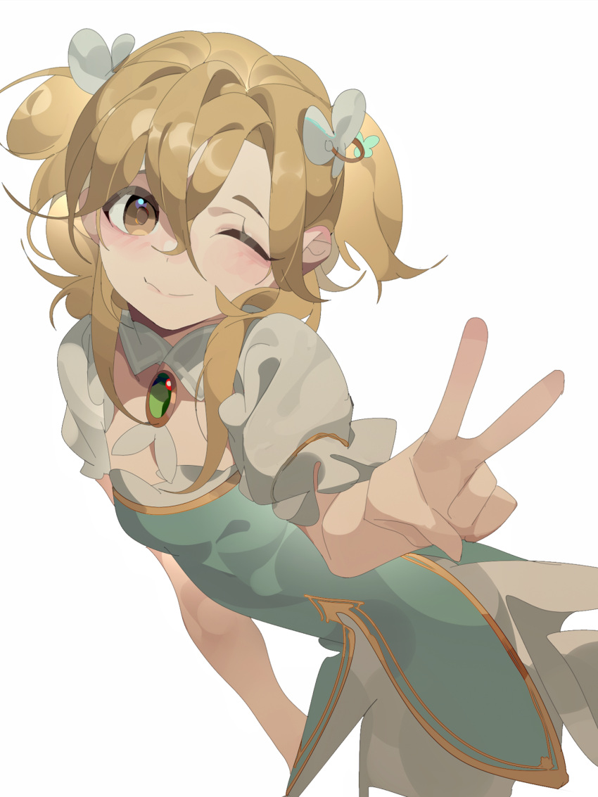 1girl blonde_hair blue_dress brown_eyes dress gem green_gemstone half_updo highres looking_at_viewer medium_hair multicolored_clothes multicolored_dress one_eye_closed puffy_short_sleeves puffy_sleeves rai_(97417) rose_(volcano_princess) short_sleeves smile solo twintails v volcano_princess white_background white_dress