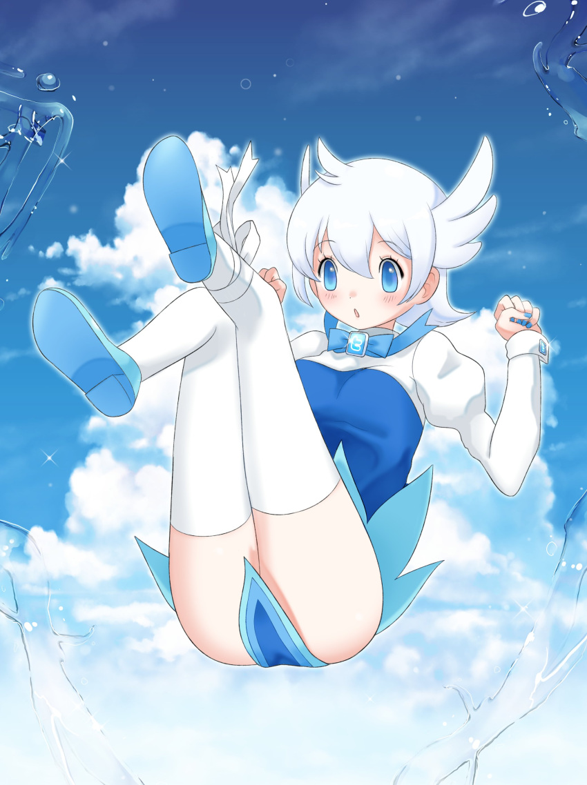 1girl absurdres bird_wings blue_dress blue_eyes blue_footwear blue_sky bow bowtie clouds dress english_commentary flying highres kneehighs looking_at_viewer nelly_(altsarespicy) open_mouth ribbon shoes short_hair skirt sky socks solo twitter white_hair wings yoshizaki_mine_(style)