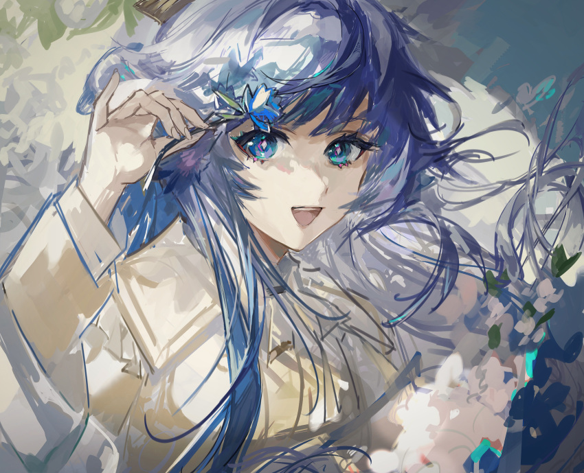 1girl absurdres arknights astgenne_(arknights) blue_eyes blue_flower blue_hair diamond-shaped_pupils diamond_(shape) floating_hair flower hand_up highres holding holding_flower long_hair long_sleeves looking_at_viewer open_mouth qianzhu shirt sketch symbol-shaped_pupils teeth upper_body upper_teeth_only white_shirt