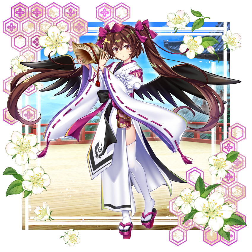 1girl absurdres bird_wings black_wings brown_eyes brown_hair closed_mouth commentary conch english_commentary flower full_body game_cg geta hat highres himekaidou_hatate himekaidou_hatate_(white_crow_of_commemorative_photos) japanese_clothes kimono kourindou_tengu_costume long_hair looking_at_viewer official_alternate_costume outdoors purple_footwear purple_headwear ribbon-trimmed_sleeves ribbon_trim rotte_(1109) sash second-party_source shell smile solo tengu-geta thigh-highs tokin_hat touhou touhou_lost_word twintails white_flower white_kimono white_thighhighs wide_sleeves wings