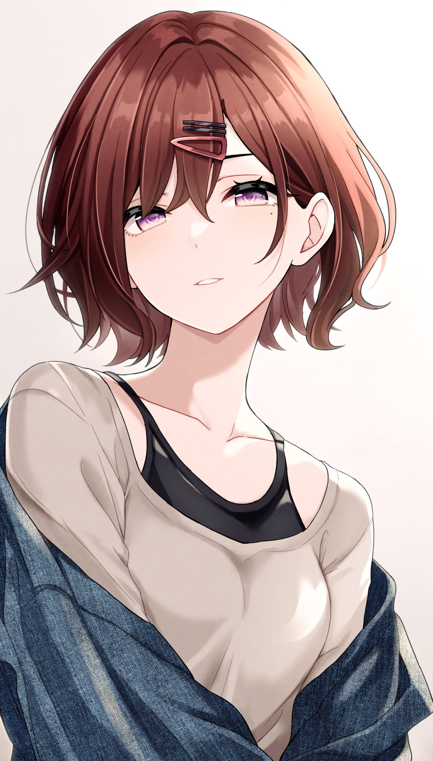 1girl absurdres alternate_costume black_camisole blush brown_hair camisole grey_shirt highres higuchi_madoka idolmaster idolmaster_shiny_colors looking_at_viewer mole mole_under_eye popon_ta red_eyes shirt simple_background solo upper_body white_background