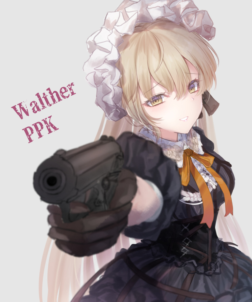 1girl absurdres aiming aiming_at_viewer black_corset black_dress black_gloves blonde_hair character_name collared_dress corset dress frilled_hairband frills girls_frontline gloves gothic_lolita gun hairband handgun highres holding holding_gun holding_weapon lolita_fashion long_hair looking_at_viewer martinreaction neck_ribbon orange_ribbon ppk_(girls'_frontline) puffy_short_sleeves puffy_sleeves ribbon short_sleeves simple_background smile solo upper_body walther walther_ppk weapon white_background yellow_eyes