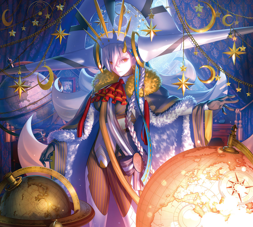 1girl absurdres breasts cape clothing_cutout fate/grand_order fate_(series) floating floating_object globe grey_cape highres horns huge_horns large_breasts long_hair long_horns non-web_source olga_marie_animusphere orange_eyes star_(symbol) stomach_cutout striped_bodysuit takeuchi_takashi thighs u-olga_marie white_hair