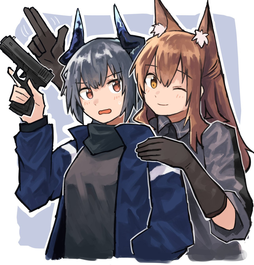 2girls animal_ear_fluff animal_ears arknights black_gloves black_jacket blush border brown_hair collared_shirt donki_(yeah) dragon_girl dragon_horns extra_ears fox_ears fox_girl franka_(arknights) gloves grey_background grey_hair grey_shirt gun hair_between_eyes hand_on_another's_shoulder handgun highres holding holding_gun holding_weapon horns jacket liskarm_(arknights) long_hair long_sleeves looking_at_viewer multiple_girls one_eye_closed open_clothes open_jacket outside_border red_eyes salute shirt sidelocks simple_background sweatdrop two-finger_salute upper_body weapon white_border yellow_eyes