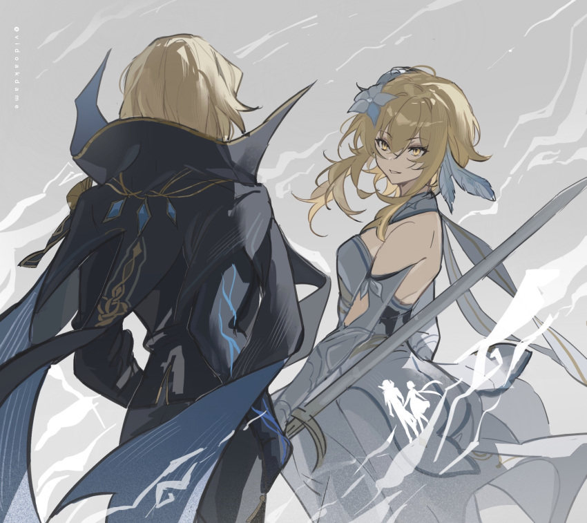 1boy 1girl black_cape black_pants blonde_hair breasts cape dainsleif_(genshin_impact) detached_sleeves dress flower genshin_impact hair_between_eyes highres holding holding_sword holding_weapon lofter_username lumine_(genshin_impact) pants parted_lips short_hair_with_long_locks simple_background small_breasts sword vidoakdame weapon white_dress white_flower yellow_eyes