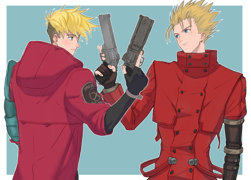 2boys @acchom_zatta black_gloves black_hair blonde_hair blue_background blue_eyes closed_mouth coat cowboy_shot earrings gloves gun hand_up highres holding holding_gun holding_weapon jewelry long_sleeves male_focus mole mole_under_eye multiple_boys partially_fingerless_gloves prosthesis prosthetic_arm red_coat revolver short_hair single_earring smile spiky_hair standing trigun trigun_stampede undercut vash_the_stampede weapon