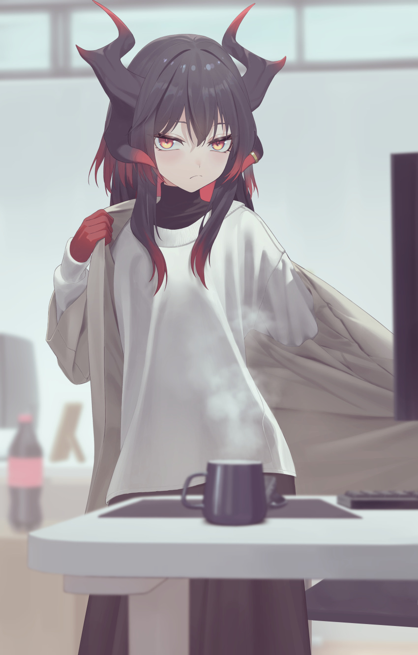 1girl absurdres black_hair black_skirt blurry blurry_background breasts coat coca-cola colored_skin commentary_request dragon_girl_(mr-shin) frown hair_between_eyes highres horn_ornament horn_ring horns hot_drink indoors jewelry keyboard_(computer) long_hair long_skirt long_sleeves looking_at_viewer mr-shin multicolored_hair multicolored_skin open_clothes open_coat original picture_frame plastic_bottle red_skin redhead ring sidelocks skirt small_breasts solo steam sweater table undressing white_coat white_sweater wide_sleeves window yellow_eyes