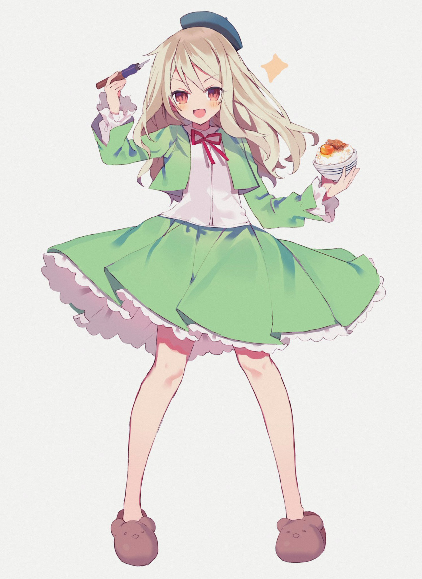 1girl blonde_hair blue_headwear bowl brown_footwear cropped_jacket fate_(series) frilled_skirt frills full_body green_jacket green_skirt highres holding holding_bowl holding_pen illyasviel_von_einzbern jacket long_hair long_sleeves looking_at_viewer neck_ribbon nib_pen_(object) open_clothes open_jacket open_mouth oyakodon_(food) pen red_eyes red_ribbon ribbon shirt skirt smile solo tomo_(ryo_i_so_) white_shirt